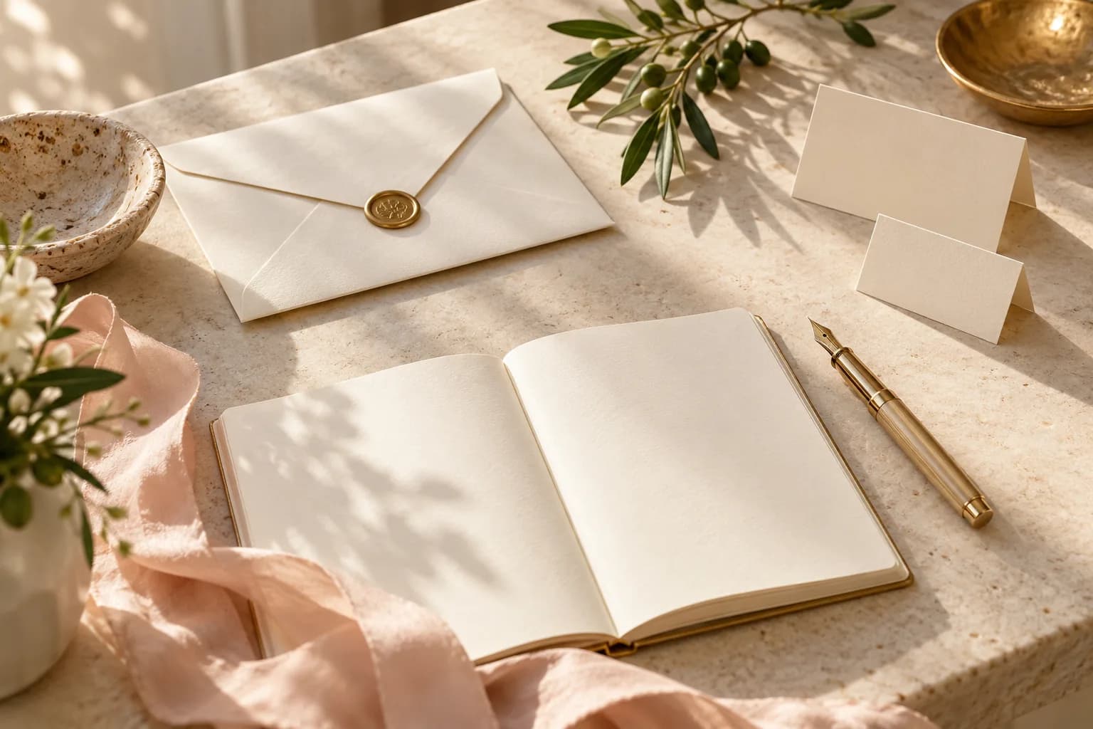 Blank notebook, ivory place cards, invitation envelope and a gold pen on a light desk