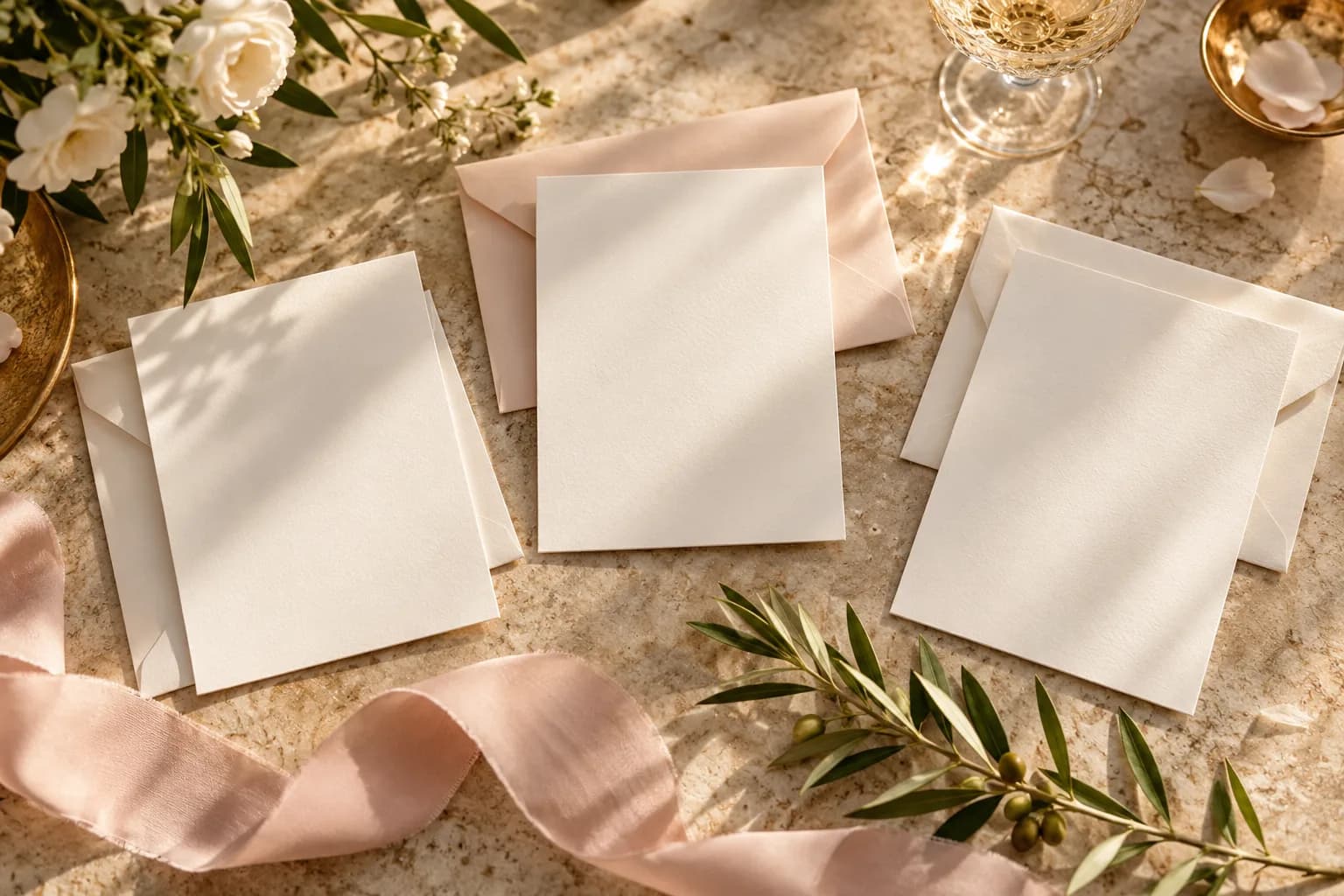 Three blank ivory invitation cards and envelopes with pale blush ribbon and olive leaves