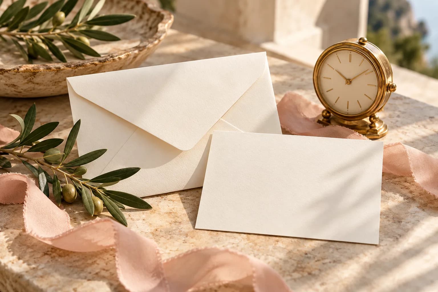 Ivory wedding envelope and blank note beside a champagne desk clock and olive branch