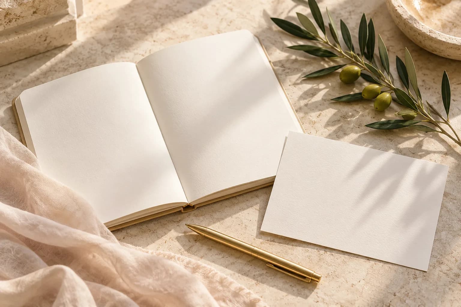 Open ivory notebook, blank invitation card, champagne pen and olive branch on pale stone